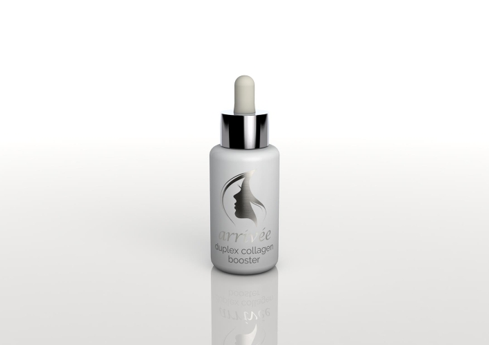 arrivee-duplex-collagen-booster Einzelansicht der weißen Flasche arrivée duplex collagen booster mit silbernem Logo und Pipettenverschluss