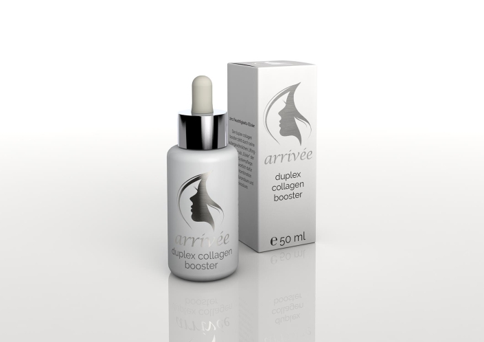 arrivee-duplex-collagen-booster-mit-packung Weiße Flasche mit Pipettenaufsatz des ‘arrivée duplex collagen booster’ neben der passenden Verpackungsbox mit minimalistischem Design.