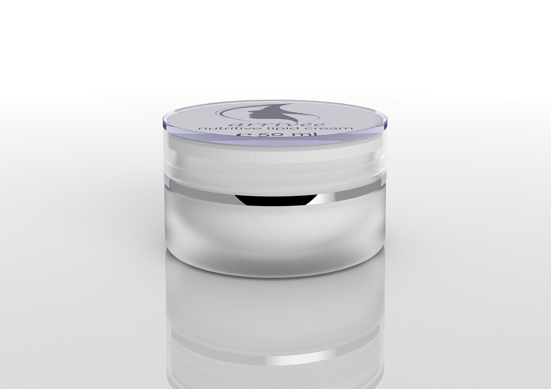 arrivée nutritive lipid cream mit zugehöriger Verpackung – luxuriöser Cremetiegel neben eleganter weißer Box mit dezentem Logo