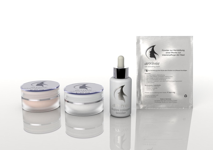 arrivee-produktlinie Produktlinie von arrivée mit verschiedenen Hautpflegeprodukten, darunter Cremetiegel, ein Serum mit Pipette und eine Gesichtspflege-Maske in Sachet-Verpackung