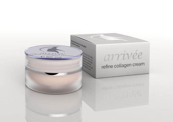 arrivee-refine-collagen-cream-mit-packung Cremetiegel der arrivée refine collagen cream mit leicht getöntem Inhalt und silbernem Logo auf dem Deckel